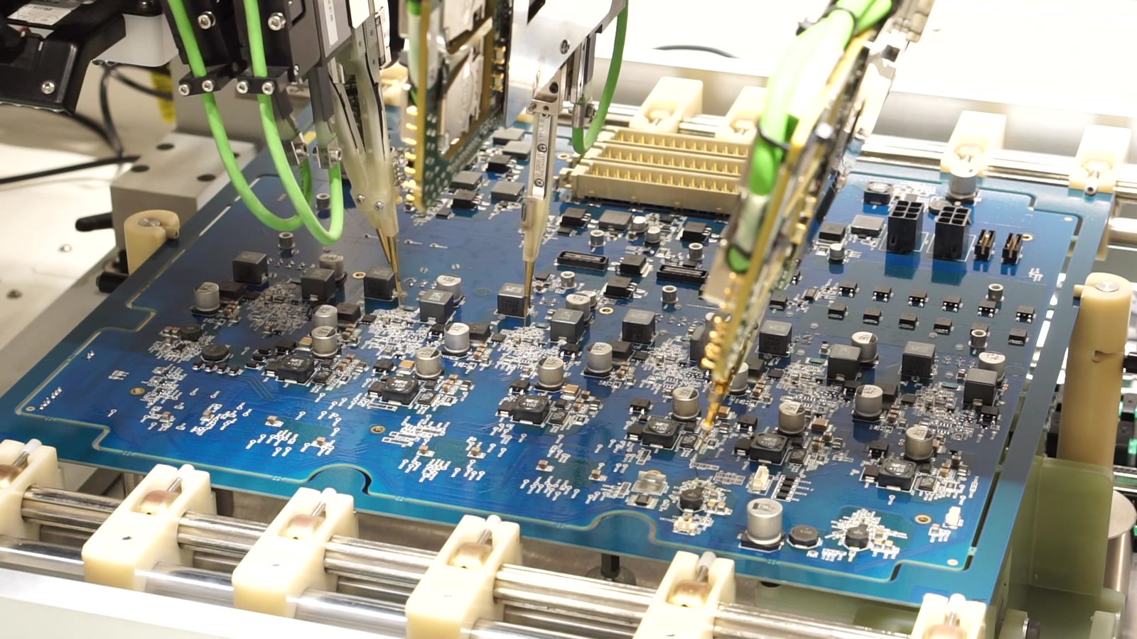 Flying-probe testing a populated PCB at Kasdon Electronics, Wolverhampton