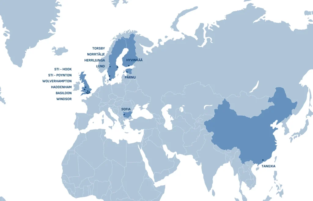 Map of NOTE Group sites in the UK, Sweden, Finland, Estonia, Bulgaria and China